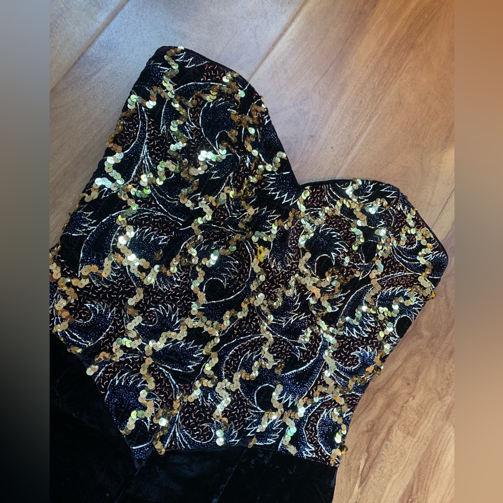 Vintage Black & Gold Jessica McClintock Gunne Sax Strapless Sweetheart MiniDress - Picture 2 of 10